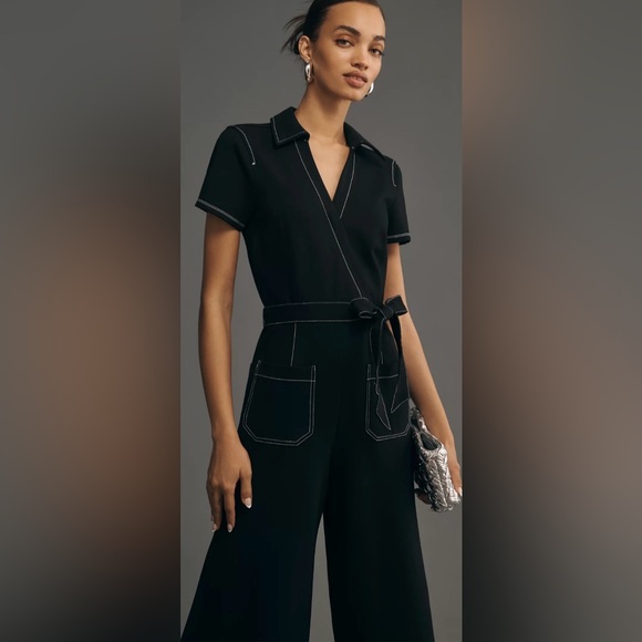 MAEVE ANTHROPOLOGIE Dark Blue Colette Wrap Denim Romper Jumpsuit size 10 - Picture 4 of 14